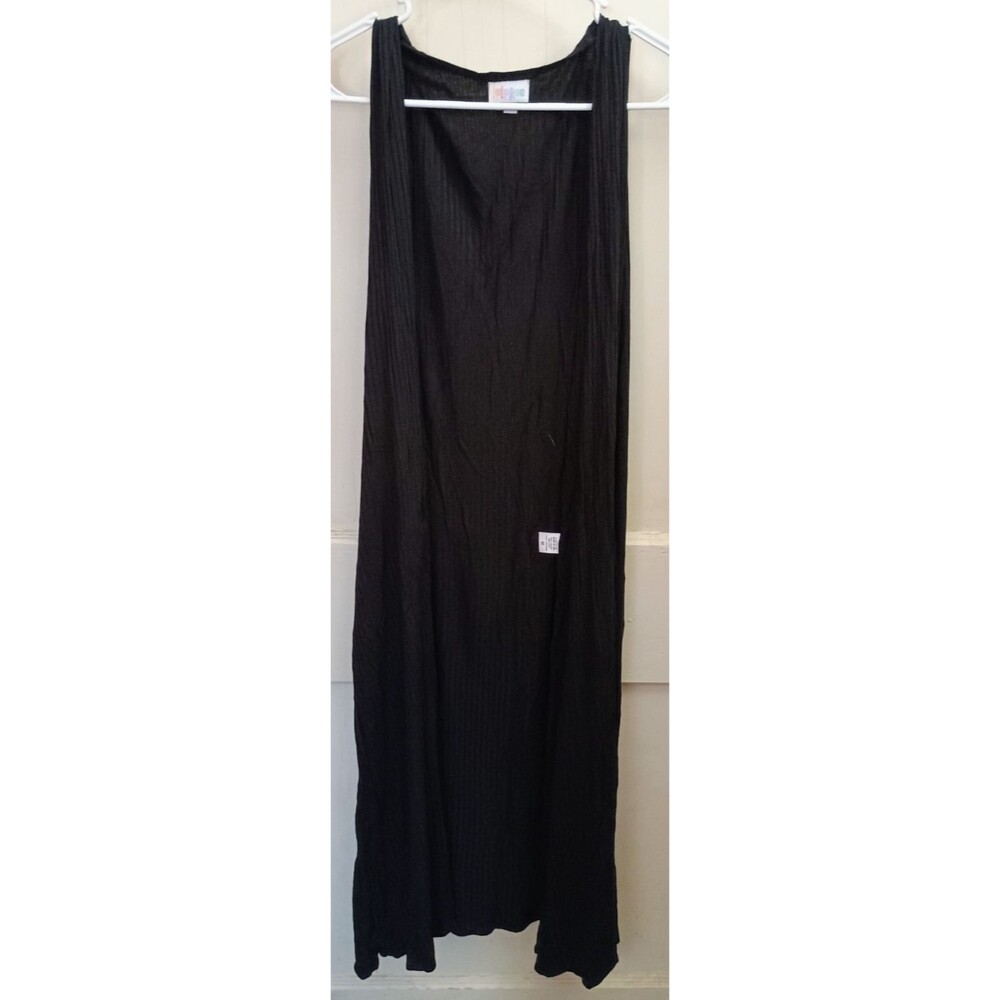 LuLaRoe Joy Duster Vest Black Ribbed Sleeveless Long Cardigan Side Slits Medium